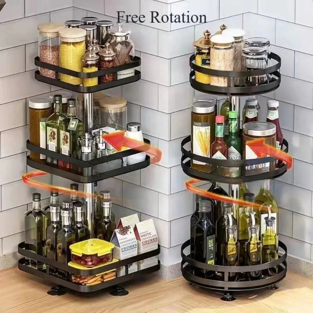 sahll_05 ___360°Rotation Spice Storage Rack 3Layer Space Saving Kitchen Carbon Steel Seasoning Holder Adjustable Multifunctional Corner Rack