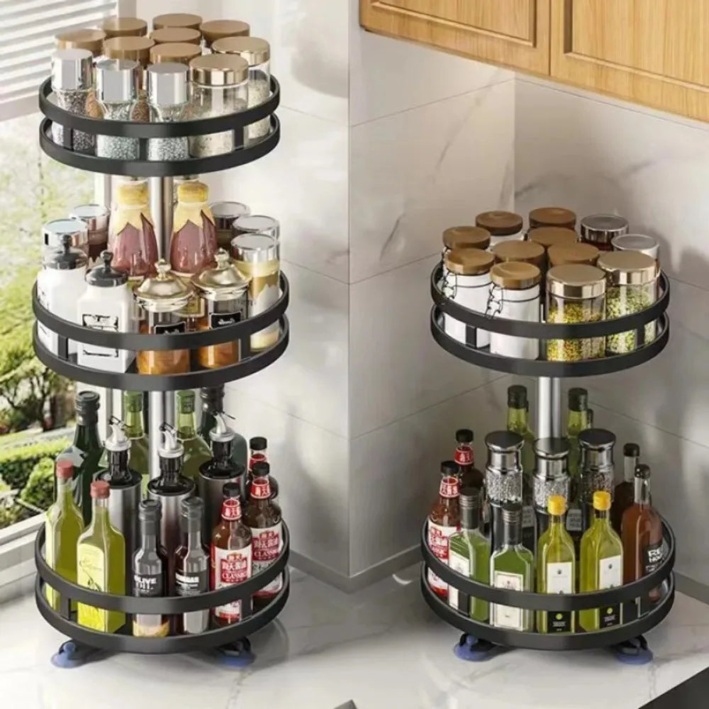 sahll_05 ___360°Rotation Spice Storage Rack 3Layer Space Saving Kitchen Carbon Steel Seasoning Holder Adjustable Multifunctional Corner Rack