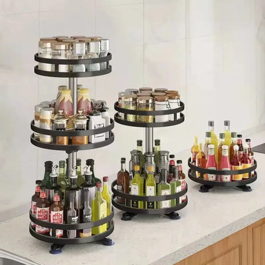 sahll_05 ___360°Rotation Spice Storage Rack 3Layer Space Saving Kitchen Carbon Steel Seasoning Holder Adjustable Multifunctional Corner Rack