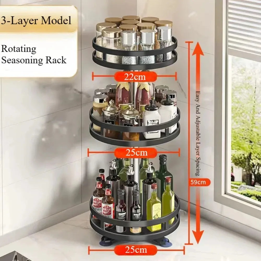 sahll_05 ___360°Rotation Spice Storage Rack 3Layer Space Saving Kitchen Carbon Steel Seasoning Holder Adjustable Multifunctional Corner Rack